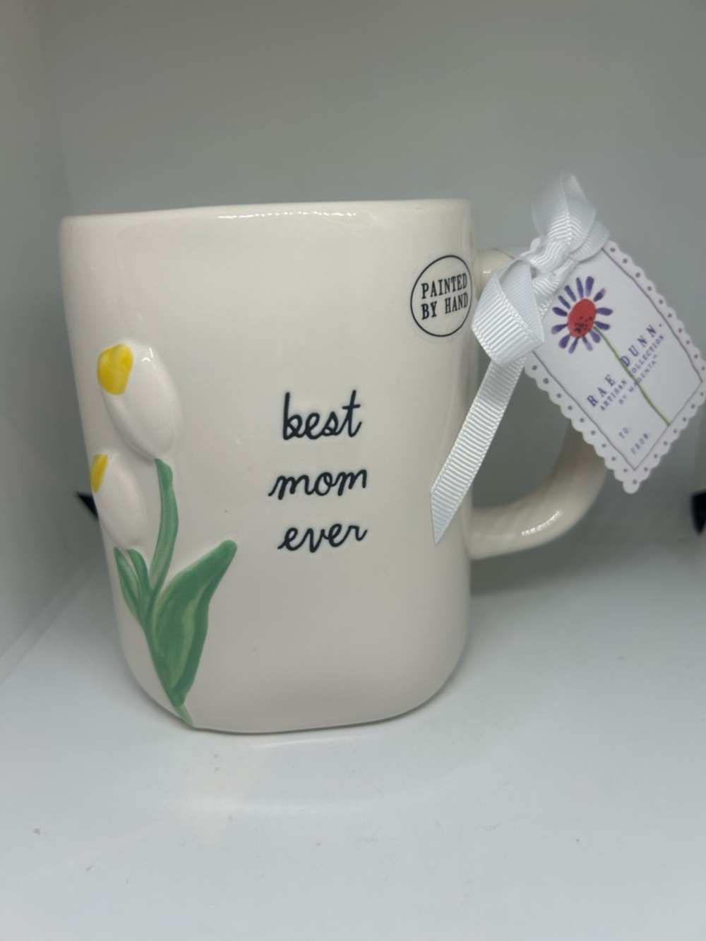 Rae Dunn White Ceramic Mug with Tulip Motif and 'best mom ever'